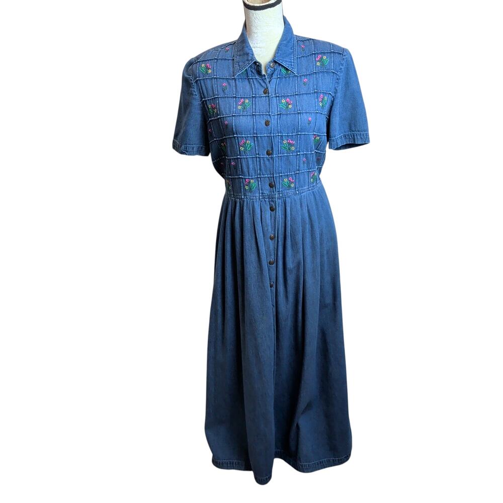 Vintage Coldwater Creek Embroidered Denim Maxi Teacher Button Up Dress Cottage